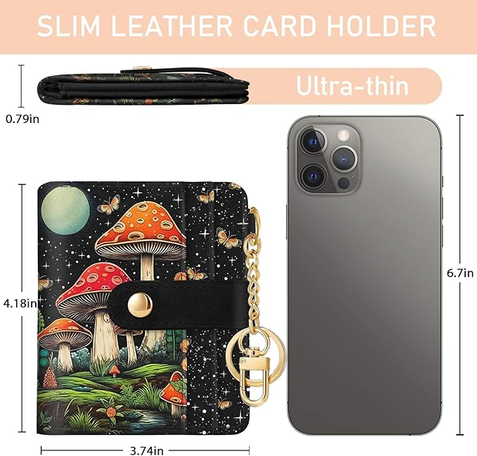 Mushroom Rfid Women Wallet, Small Slim Thin Credit Card Wallet, PU Leather Bifold Cash Zipper Coin Pocket ID Window for Female Ladies Teen Girls Girly