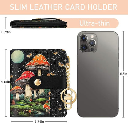 Mushroom Rfid Women Wallet, Small Slim Thin Credit Card Wallet, PU Leather Bifold Cash Zipper Coin Pocket ID Window for Female Ladies Teen Girls Girly