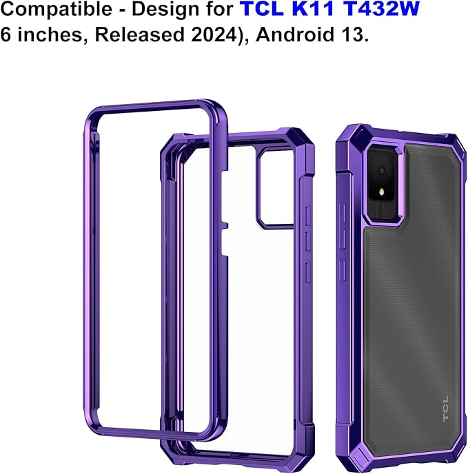 Ailiber for TCL K11 T432W Phone Case, with Screen Protector, Dual Layer Shockproof Bumper, Clear Transparent [Anti Yellowing], Slim Scratch-Resistant Cover for TCL K11-Purple