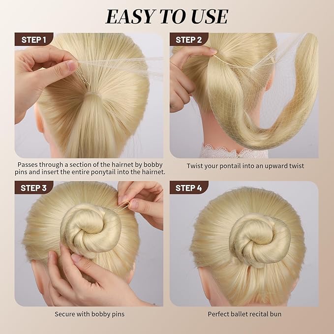 Teenitor Hair Bun Maker Kit, 4pcs Medium Size Donut Bun Maker, 10pcs 50cm Invisible Hair Nets, 10pcs 6cm Hair Bobby Pins, Hair Bun Shaper Set, Beige