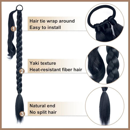 2 Pack Long DIY Braided Ponytail Extension with Hair Tie Straight Wrap Around Hair Extensions Ponytail(1B#)