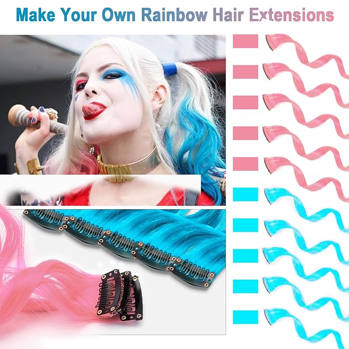 10 PCS Pink and Lake Blue Hair Extensions, Curly Wavy Synthetic Hairpieces Clip in Rainbow Neon Party Highlights, Colorful Hair Accessories for Women 17 inch (Pink Lake Blue)