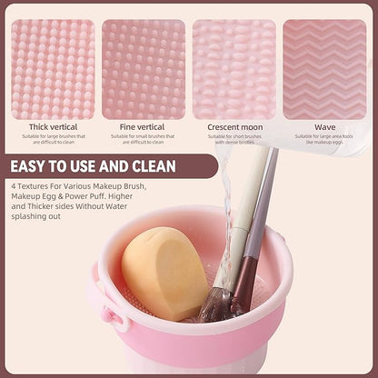 ADETON Makeup Brush Cleaner Mat, Pink 3 in 1 Silicone Make Up Brushes and Tools Cleaning Bowl, Pad, Drying Rack, Organizer Storage Holder, Cosmetic Brushes and Sponge Cleansing (C - PINK)