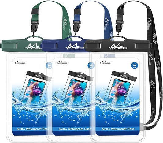 MoKo Waterproof Phone Pouch [3 Pack], Underwater Clear Phone Case Dry Bag with Lanyard Compatible with iPhone 13 Mini/12/11 Pro Max, X/Xr/Xs, SE 3/2, Samsung S21/S9, Note 10, Indigo+Army Green+Black