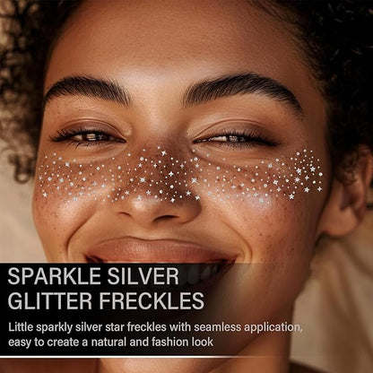 20 Pcs Silver Face Makeup Patches, Glitter Freckles Face Tattoo, Easy Application Sparkle Makeup Freckles, Waterproof Glitter Freckles Patches for Women (Silver)