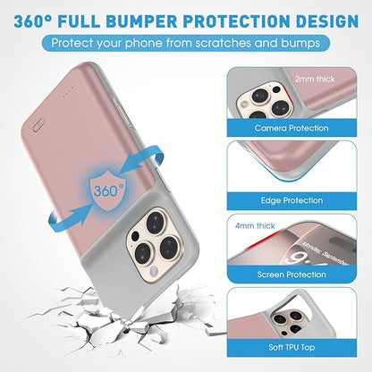2025 New Upgraded 7000 mAh Travel Battery Case for iPhone 16Pro 6.3inch, Extra Battery Life 15W Fast Charging External Rechargeable Portable Charging Case with HD Tempered Protective Film,Pink
