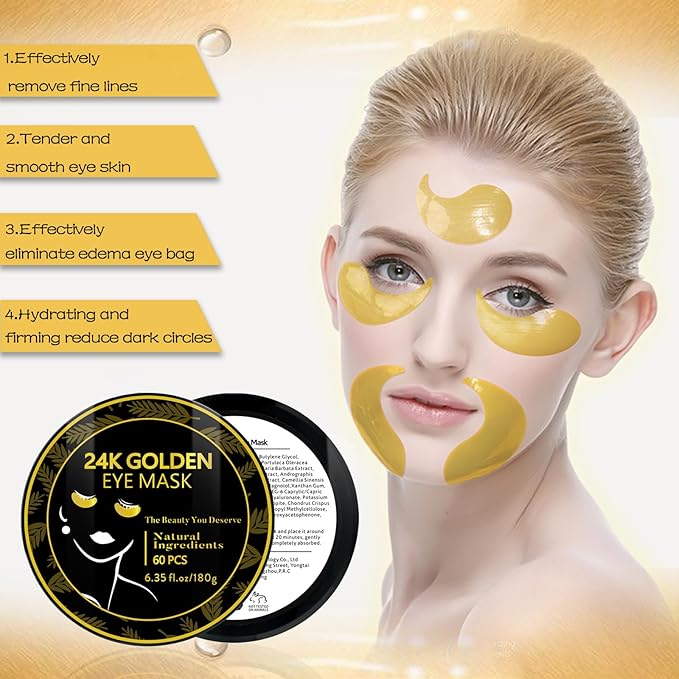 24k Gold Under Eye Patches, Eye Mask for Puffy Eyes Dark Circles Bags and Wrinkles, Moisturizing Fine Lines Under Eye Patches for Women (30 Pairs)