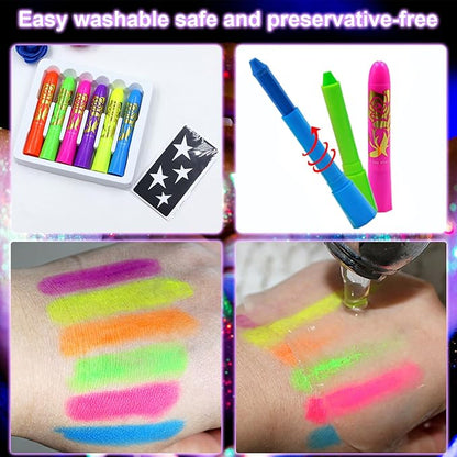 12 Color Glow in The Dark Face Paint Crayon Set,UV and Blacklight Makeup Neon Face and Body Painting for Kids Adults Mardi Gras Halloween BlackLight Birthday Masquerade Party Supplies (12 Multicolor)