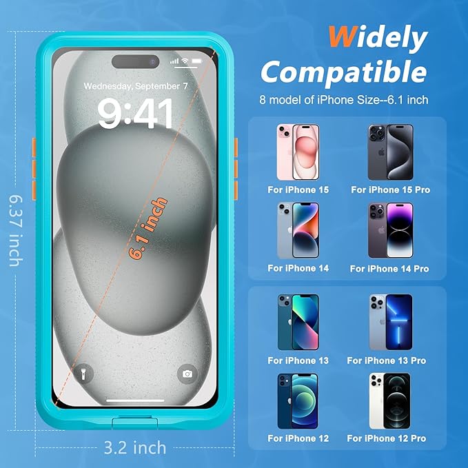 Mitywah Waterproof Case for iPhone, Underwater Snorkeling Diving Phone Case for iPhone 15 14 13 12 /15Pro 14Pro 13Pro 12Pro, HD Underwater Photography Snorkeling Case Travel Essentials Blue Green