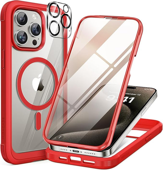 Miracase Magnetic for iPhone 15 Pro Case Full-Body Bumper Phone case with Built-in Glass Screen Protector& Camera Protector, Military Drop Proof 15 Pro Cover, Magnetic Red