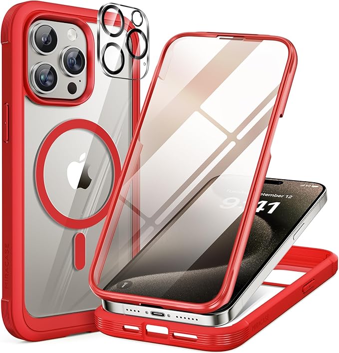 Miracase Magnetic for iPhone 15 Pro Max Case 6.7'' [Compatible with Magsafe] Full-Body Military Drop Proof for iPhone 15 ProMax Case with Built-in 9H Tempered Glass Screen Protector,Red