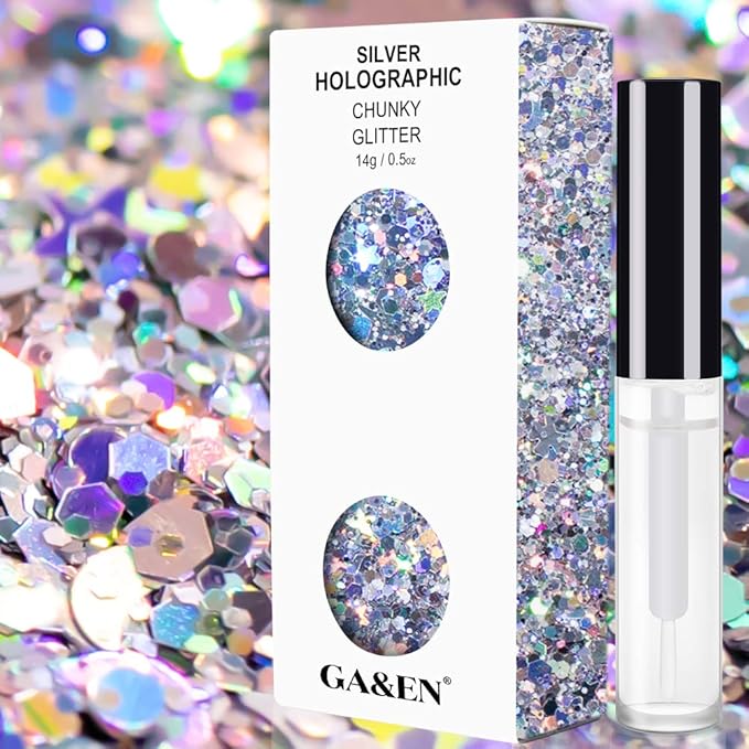 Silver Holographic Chunky Glitter Cosmetic Body Hair Face Eye Nail for Festival Carnival Concert Party Beauty Rave Accessories Different Sizes&Shapes 2 Pots 14g/0.5oz+ Quick Dry Primer Glue Gel