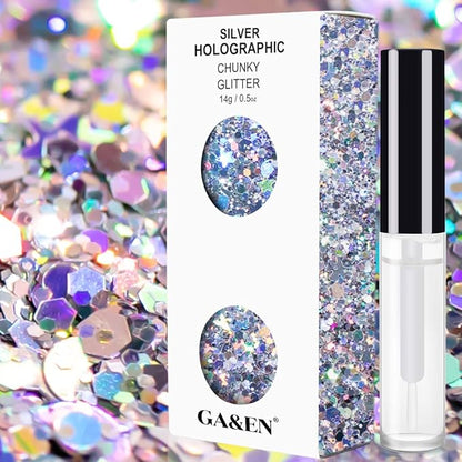 Silver Holographic Chunky Glitter Cosmetic Body Hair Face Eye Nail for Festival Carnival Concert Party Beauty Rave Accessories Different Sizes&Shapes 2 Pots 14g/0.5oz+ Quick Dry Primer Glue Gel