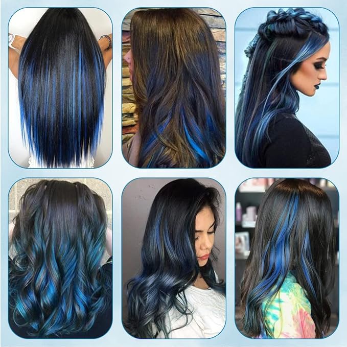 20 Inch Colored Hair Extensions Party Highlights Straight Colorful Clip In Hair Extensions Synthetic Rainbow Hairpieces for Girls Kids Gift(10Pcs Navy Blue)