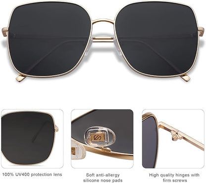 SOJOS Trendy Oversized Square Metal Frame Sunglasses for Women Men Retro Big Flat Lens UV Protection Sunglasses SJ1146