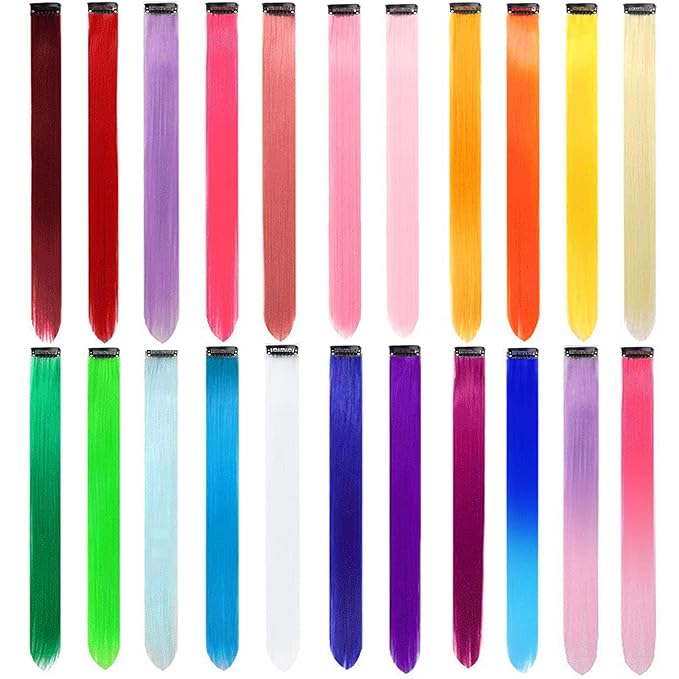 22 PCS Colored Hair Extensions Clip in, Party Highlights Colorful Extension for Kids Girls Synthetic Hairpiece Straight 22 inch