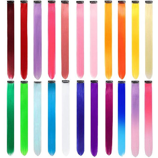 22 PCS Colored Hair Extensions Clip in, Party Highlights Colorful Extension for Kids Girls Synthetic Hairpiece Straight 22 inch