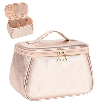 OCHEAL Large Makeup Bag, Makeup Bag Organizer Cosmetic Bags for Women Travel Travel Toiletry Bag Make Up Bag with Divider and Handle for Cosmetics Toiletries Brushes Tools Storage -Rose Gold