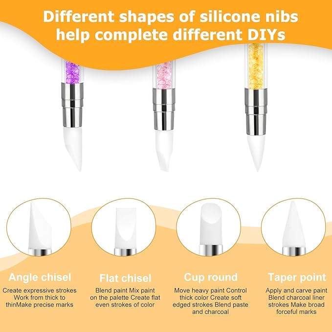 3 Pcs Nail Art Sculpture Pen, Dual Tipped Silicone Nail Tools, Silicone Head Acrylic Handle Nail Art Brushes, Rhinestone Nail Polish Carving Pen, Nail Art Tools for Home Salon(Yellow, Pink, Purple)