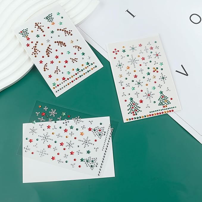 3 Sheet Christmas Face Gems Hair Gems, Self-Adhesive Face Jewels Eye Jewels Rhinestones DIY Face Gems Stick on, Halloween Makeup Gems Rave Accessories for Face Eyes Body Makeup, Crafts
