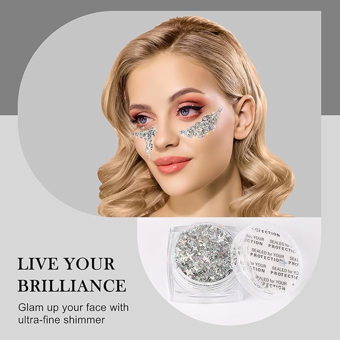 Glitter Body Face Hair Makeup Festival Gel, 6 Shapes Clear Silver Rave Glitter Face Pain Glitter Eyeshadow for Kids Women Girls Singer Concerts Festival Rave Accessories