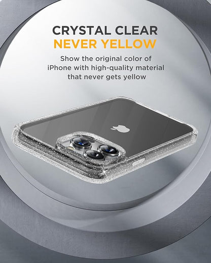 Miracase for iPhone 15 Pro Case Full-Body Built-in Glass Screen Protector& Camera Protector, Military Drop Proof 15 Pro Phone Cover 6.1 inch, Clear Glitter
