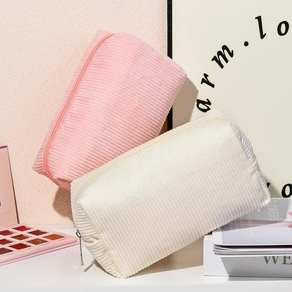 2 Pieces Makeup Bag Corduroy Cosmetic Bag White Pink Makeup Pouch Travel Toiletry Bag Organizer Cute Makeup Brushes Storage Bag for Women