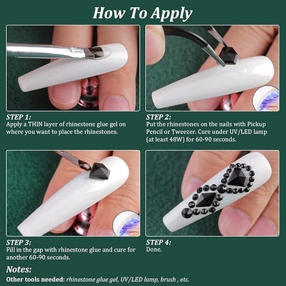 Multi Shapes Black 3D Glass Crystal Nail Art Rhinestones Kit with Flatback Round Bead Charm Gem Stone Jewelry Diamond with Pickup Pen + Tweezer for Manicure Makeup DIY Craft Decoration