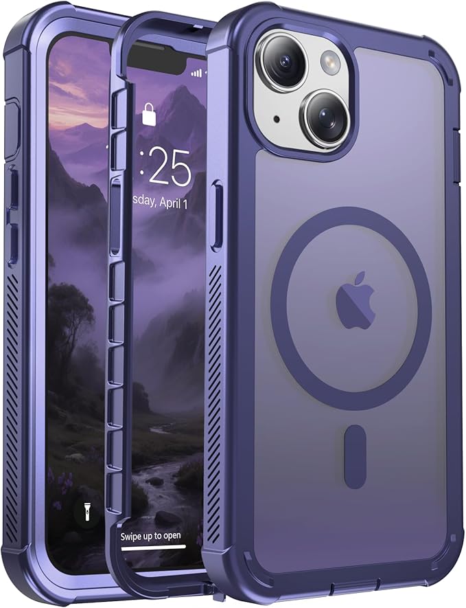 for iPhone 13 case, with [Compatible with MagSafe][Military Grade Drop Protection][Heavy Duty Protection][Non-Slip][Shockproof] with 2-Layer Durable Bumper Phone Case 6.1''-Dark Purple