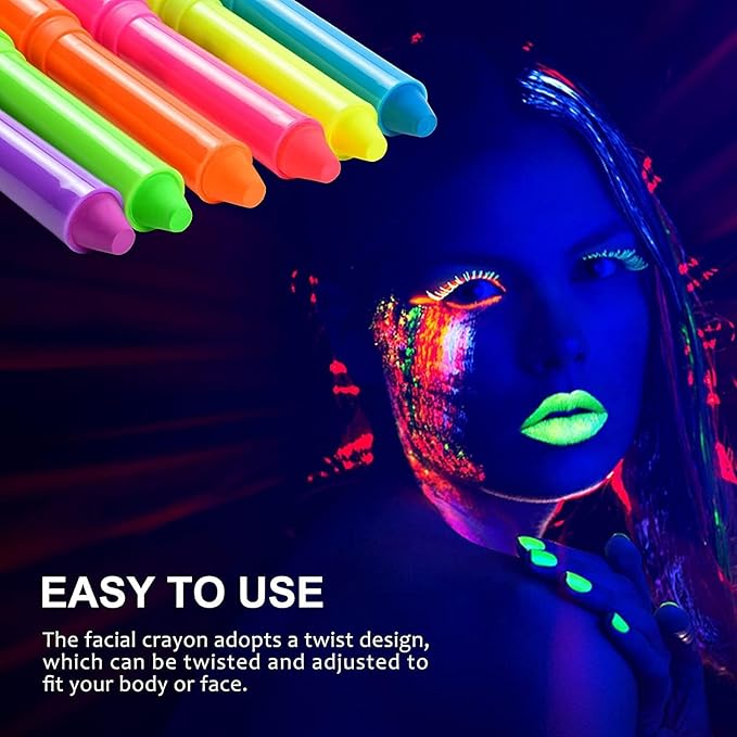 12 Pcs Glow in The Dark Body Face Paint Neon Glow in The Black Light UV Fluorescent Crayons Paint Sticks Makeup Kit for Kids Adults Halloween Masquerade Mardi Gras Blacklight Birthday Party