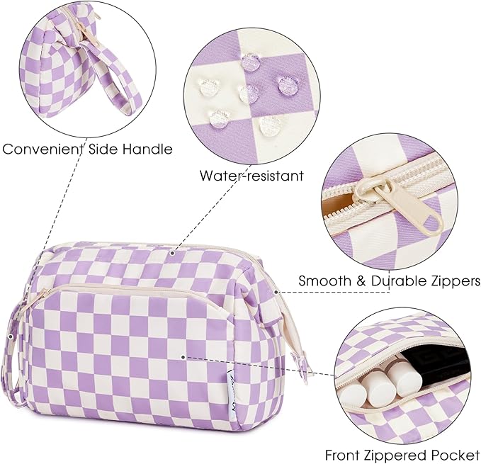 Narwey Checkered Makeup Bag Women Wide-open Make up Bag Travel Cosmetic Bag Organizer Toiletry Bag for Cosmetics Toiletries Accessories (Purple Checkerboard)
