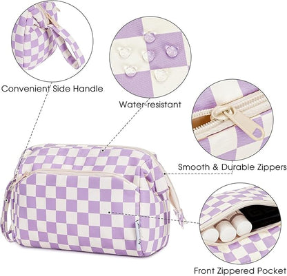 Narwey Checkered Makeup Bag Women Wide-open Make up Bag Travel Cosmetic Bag Organizer Toiletry Bag for Cosmetics Toiletries Accessories (Purple Checkerboard)