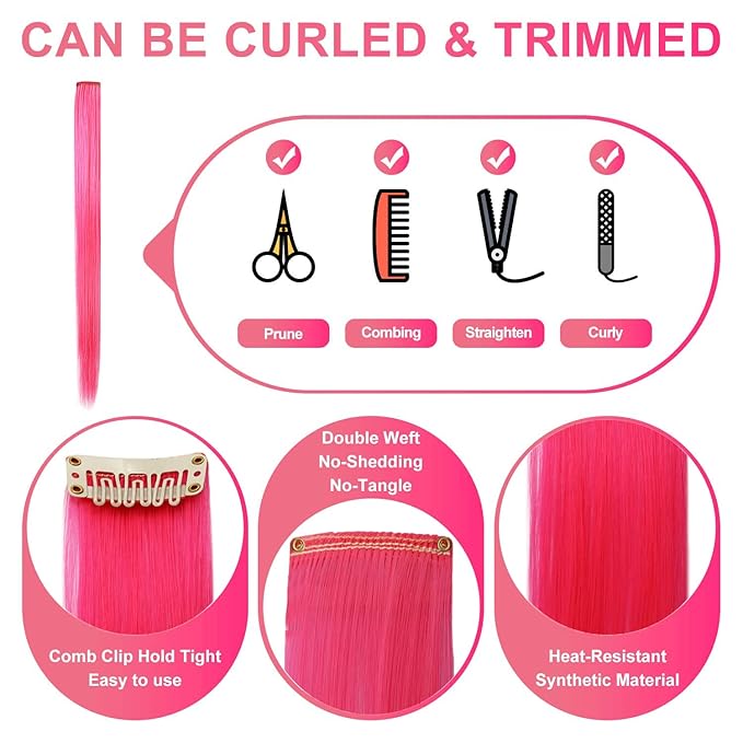 12 PCS Colored Hairpieces, Multi-colors Party Highlights Clip in Heat-Resistant Synthetic Hair Extensions 20 inch (Pink)