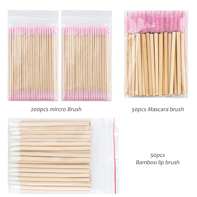 300 pcs Eyelash Extension Supply Kits 200pcs Disposable Double pointed head Wooden Micro Swab Brush 50pcs Eyebrow Spoolie 50pcs Lip Brush Mascara Wand Applicator Eyelashes Tool (Bamboo pink kits)