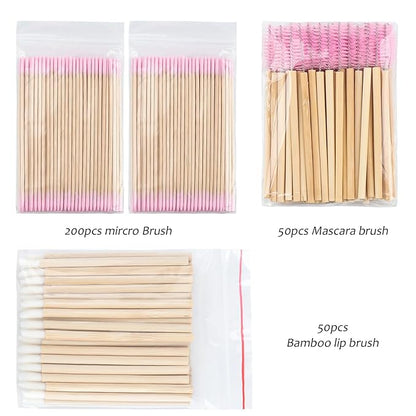 300 pcs Eyelash Extension Supply Kits 200pcs Disposable Double pointed head Wooden Micro Swab Brush 50pcs Eyebrow Spoolie 50pcs Lip Brush Mascara Wand Applicator Eyelashes Tool (Bamboo pink kits)