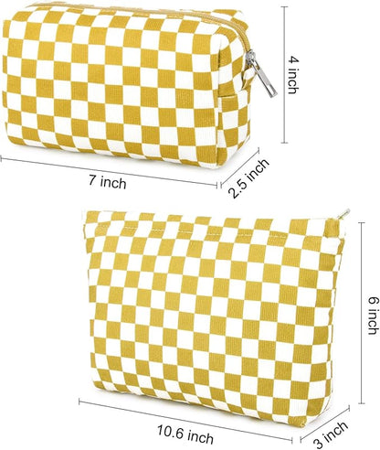 2 Pcs Checkered Makeup Bag Large Cosmetic Bag Toiletry Bag Makeup Pouch Travel Bag Organizer Cute Makeup Brushes Aesthetic Accessories Storage Bag for Women Golden Yellow