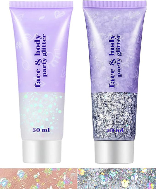 Go Ho Silver and White Body Glitter Set,Singer Concerts Face Glitter Gel Makeup,Holographic Long Lasting Chunky Sequins Glitters for Eye Lip Hair Nails,Festival Rave Accessories,Silver&White