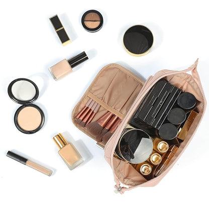 NISHEL Travel Makeup Bag for Women with Custom Front Pockets, Large Wide-open Case, Portable Essentials Organizer To Hold Travel-Size Accessory Bottles, Cosmetics, Brushes And More, Pink