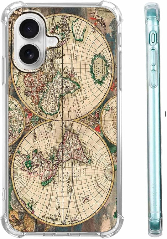 Case for iPhone 16 Plus with Retro Art Design,Aesthetic Vintage World Map Pattern,Trendy Soft TPU Bumper Phone Cover(16plus,Map)