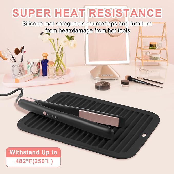 Large Silicone Heat Resistant Mat, Professional Hot Hair Tools Mat for Curling Iron, Flat Iron, Hair Straightener, Portable Hot Pad Cover with Velcro for Travel Home Salon(11.8" x 9.0")
