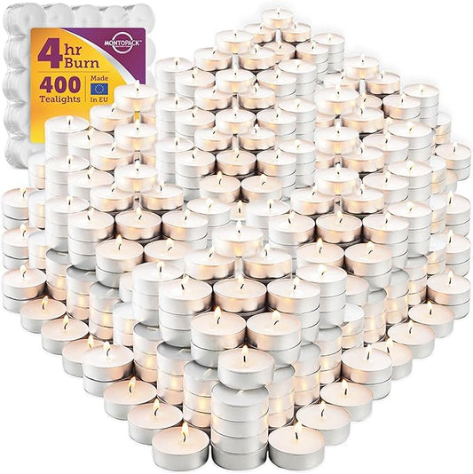 MontoPack Unscented Tea Light Candles 400 Pack | 4 Hours, White, Smokeless, Dripless Small Votive Paraffin Tealights | Long-Lasting for Home, Shabbat, Weddings, Events, Emergencies | Mini Candles Bulk