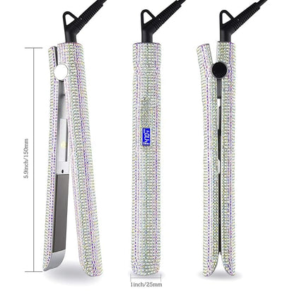 DORISILK Titanium Flat Iron for Hair, 480°F High Temp Hair Straightener Iron, Rhinestone Bling Flattening Iron, 2 in 1 Straightening Curling Professional Salon LCD Display Dual Voltage (AB Shine)