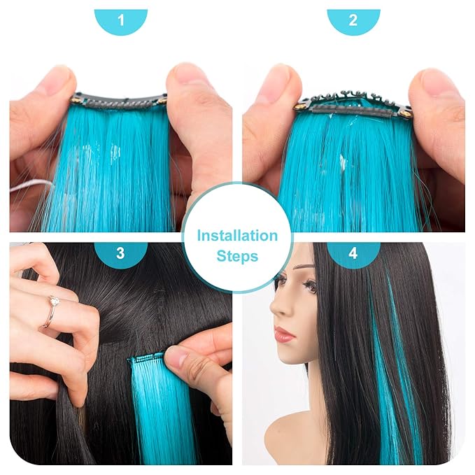 22 Inch Colored Hair Extensions 10 PCS, Colorful Party Highlights Clip in Synthetic Hair Extensions, Sky Blue/Light Pink Hairpieces for Girls Women Kids Doll Party Cosplay Gifts