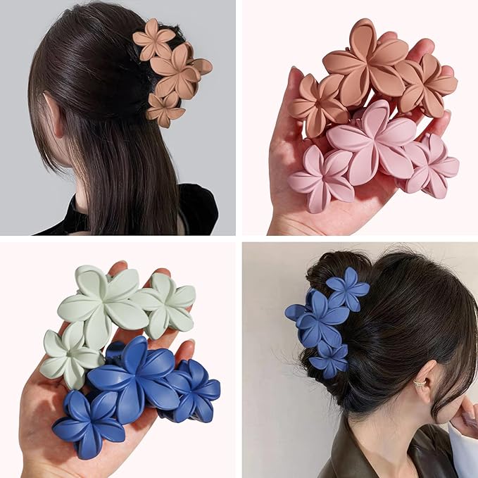 4PCS Plumeria Hawaiian Flower Claw Clips - Large Strong Hold Beach Hair Accessories for Thick Hair (Colorful)