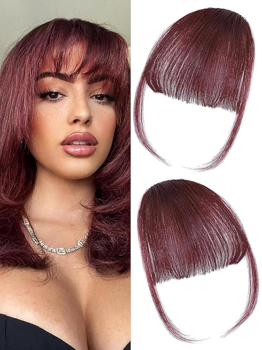 100% Real Human Hair Extensions Wispy Clip in Burgundy Fake Bangs Hair Clip on for women Fringe with Temples Hairpieces Faux Bangs for Daily Wear