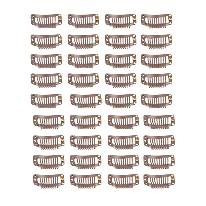 30pcs 9 Teeth Stainless Steel Snap Comb Wig Clips, Hair Extension Clips, Wig Accessories Clip with 30 Assorted Sewing Needles and 2 Rolls Thread (Light Brown)