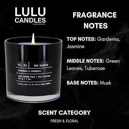 Lulu Candles | Tuberose & Gardenia | Luxury Scented Soy Jar Candle | Hand Poured in The USA | Highly Scented & Long Lasting (9 Oz.)