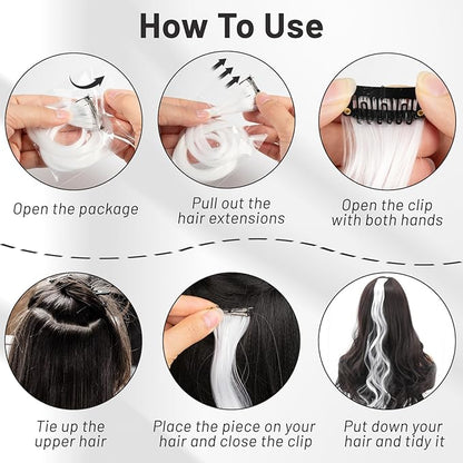 16 Pcs Colored Hair Extensions Curly Wavy Clip in Synthetic Hairpiece Streak for Girls Women Kids, Multi-colors Party Highlights Cosplay Festival Gift(White)