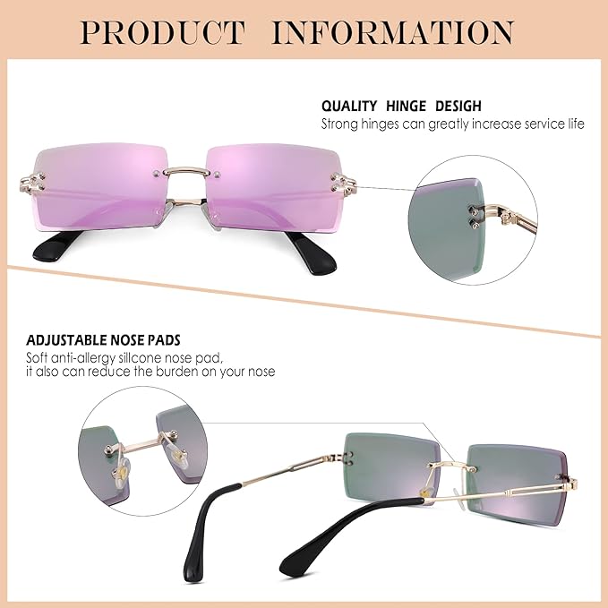 Rectangle Sunglasses for Men/Women Small Rimless Square Shade Eyewear