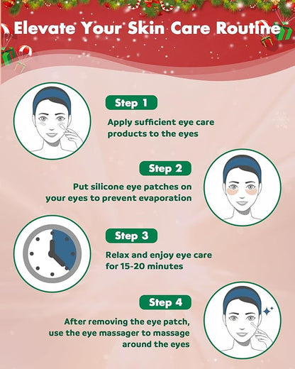 2 Pairs Reusable Under Eye Wrinkle Patches Silicone Mask, Plump Fine Lines & Wrinkles, with Metal Eye Cream Applicator, Tin Case, Christmas Green